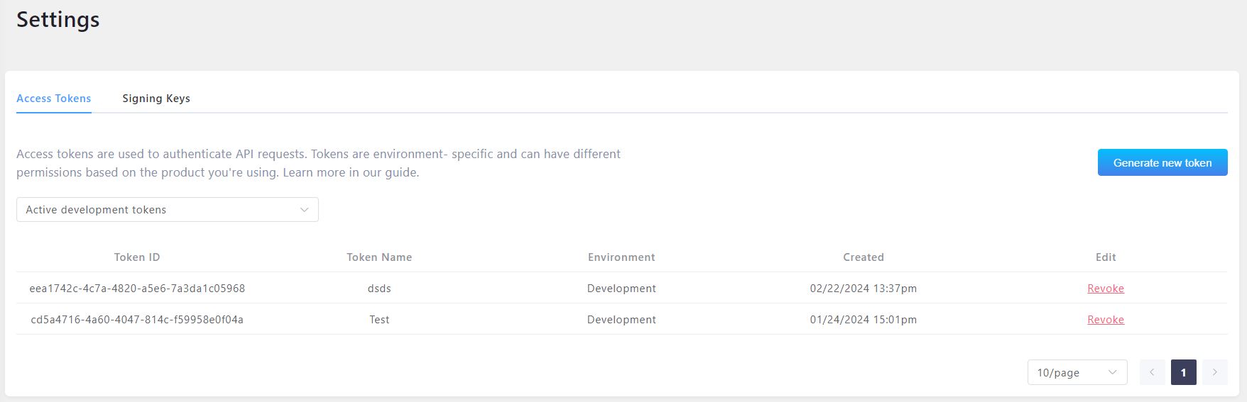 Settings interface - Access tokens